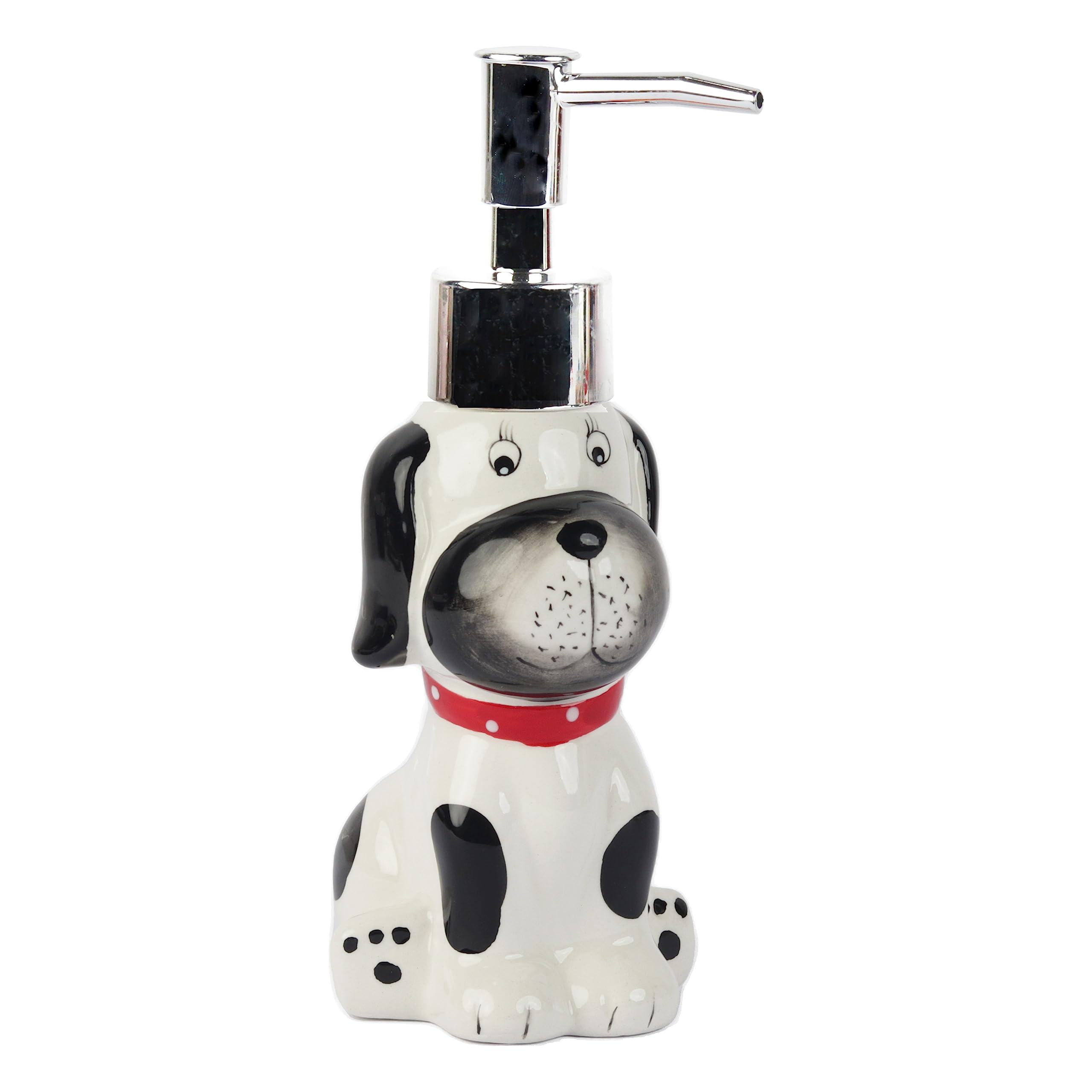 Servette Home Spotted Dog Soap Dispenser with Pump for Bathroom or Kitchen Sink, White With Black Dotted Dog