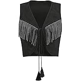 OYOANGLE Women's Studded Fringe Trim Tie Front Vest Top Boho Outfits 70s Hippie Western Cowgirl Sleeveless Jacket Outerwear