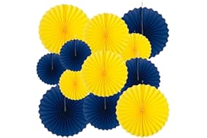 MOWO Royal Blue and Yellow Paper Fans Party Decoration Wall Background Ceiling Hanging Decoration for Eid Ramadan Festival Birthday Graduation Theme Party,12pc