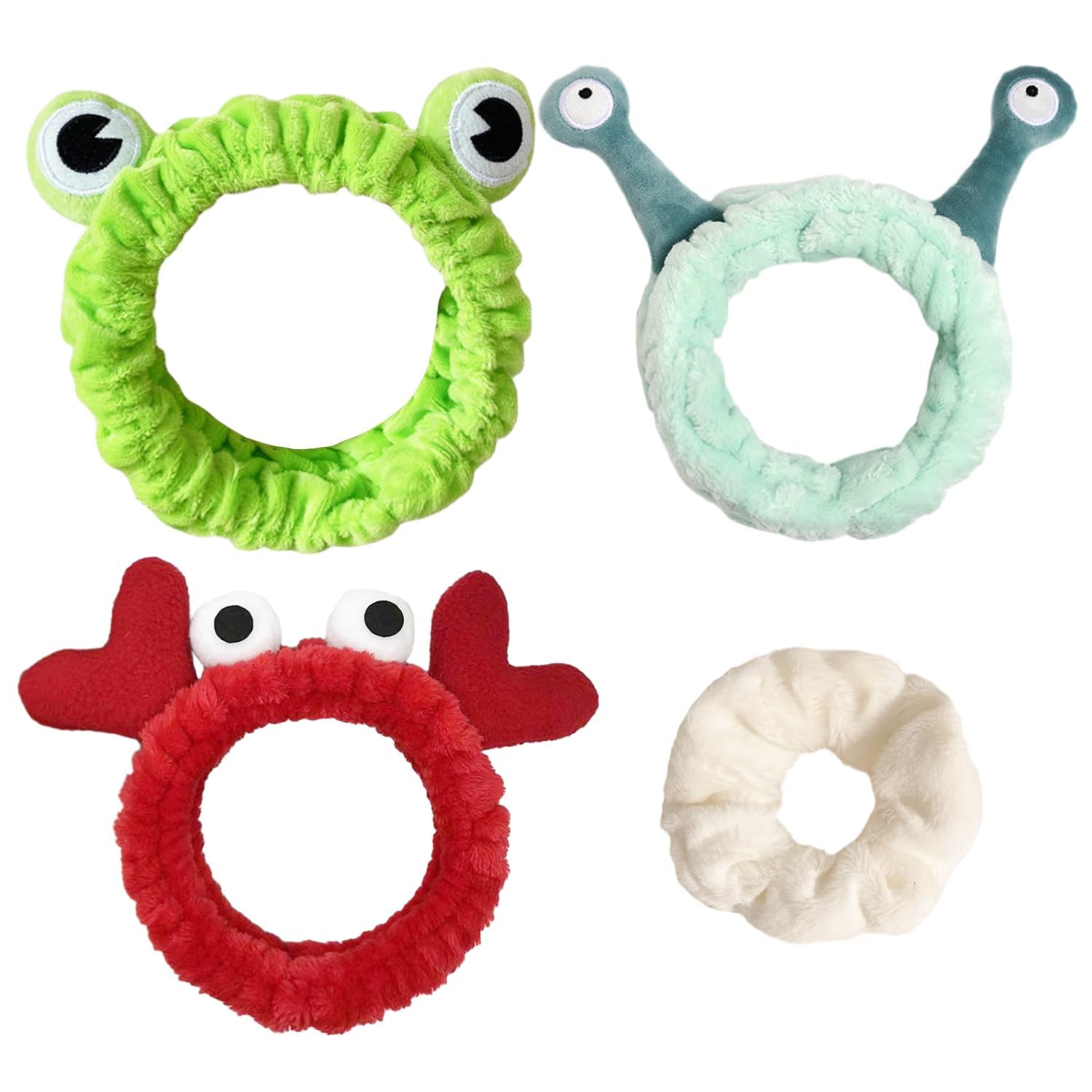3 Pieces Face Wash Headbands with 1 Hair Tie, Makeup and Skin Care Headbands, Spa Headbands, Snail Frog Crab Flannel Headbands, Elastic and Soft Hairbands for Girls and Women
