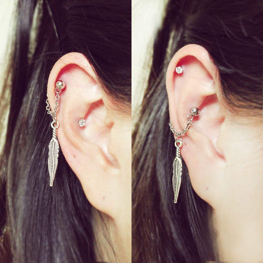 16g 20g Feather conch chain earring, conch hoop earring