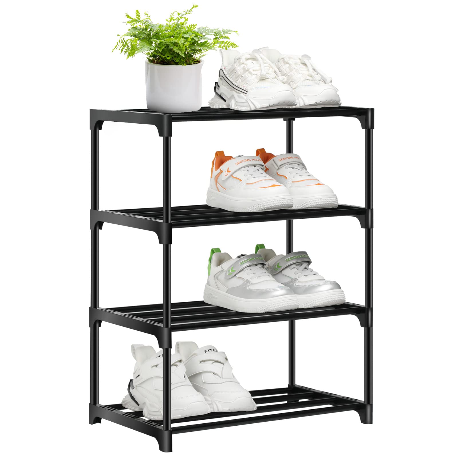 OLYREO Shoe Rack Stackable Small 4 Tier, Shoe Slots Rack Footware Storage, Slim Shoe Racks Storage Organizer, Black Shoe Stand for Hallway, Bedroom,Quick Assembly (All Black, 4 Tier)