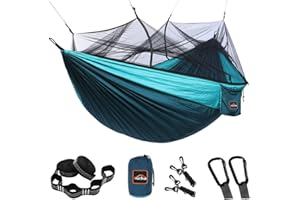 AnorTrek Camping Hammock with Mosquito Net, Double & Single Lightweight Portable Hammocks with Tree Straps, Parachute Hammock for Camping, Backpacking