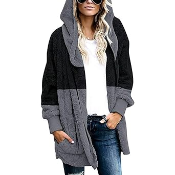 friendGG Damen Mantel Teddy-Fleece Mantel Kontrastfarbe Wintermantel Langer Fleecemantel mit Kapuzen und Taschen Strickjacke 