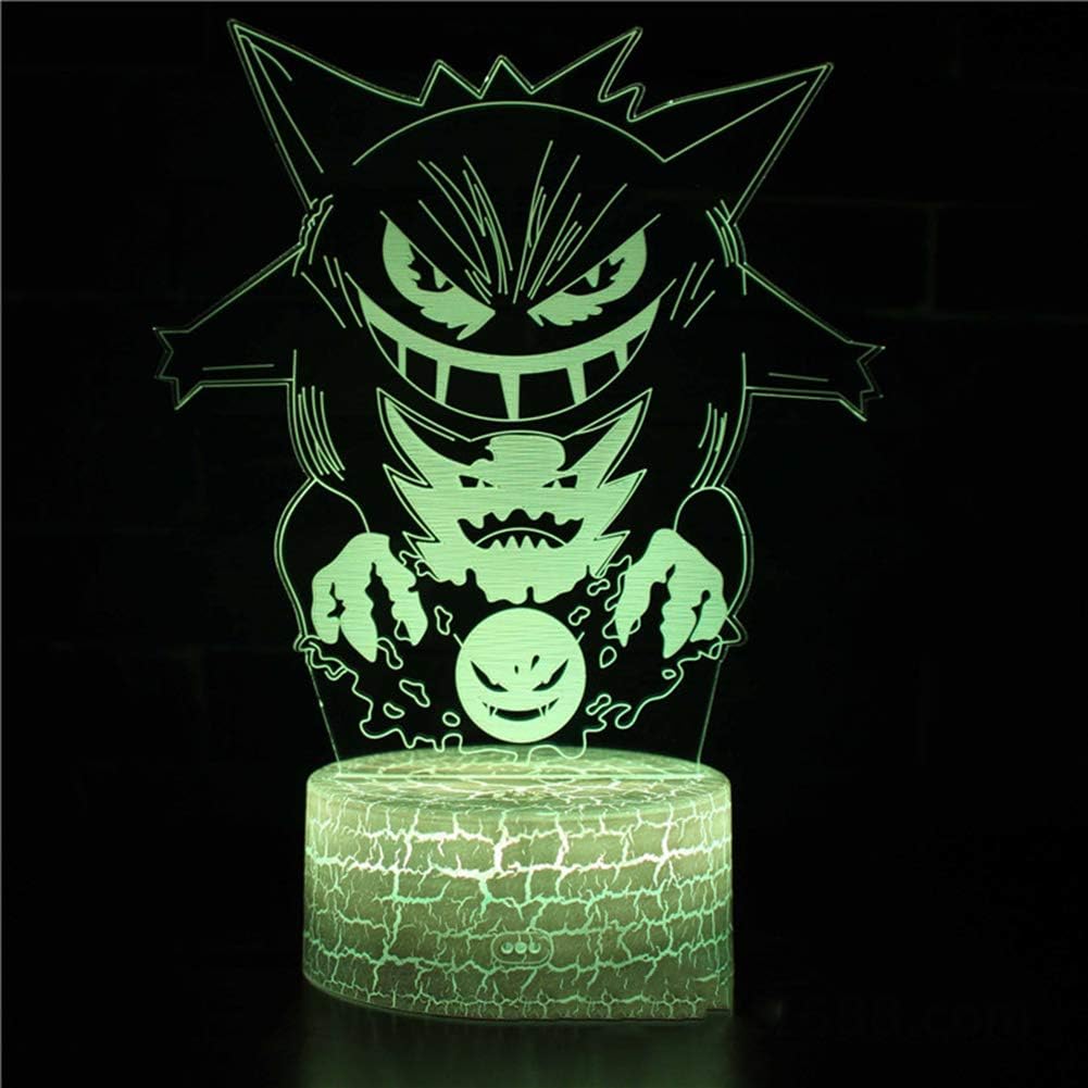 SJSF L Cartoon Pokemon Gengar 3D Illusion Night Light Acrylic Usb Cool 7 Color Flashing Led Lamp Bedroom Home Decration Child Gift,3colors+touch