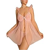 OYOANGLE Women's Plus Size Mesh Sheer Sleepwear Set Front Closure Babydoll Chemise G String Lingerie Sets