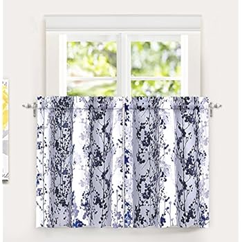 DriftAway Leah Abstract Floral Blossom Ink Painting Room Darkening Kitchen Tier Window Treatment 2 Panels Each Size 26 Inch by 36 Inch Plus 2 Inch Header Navy Gray
