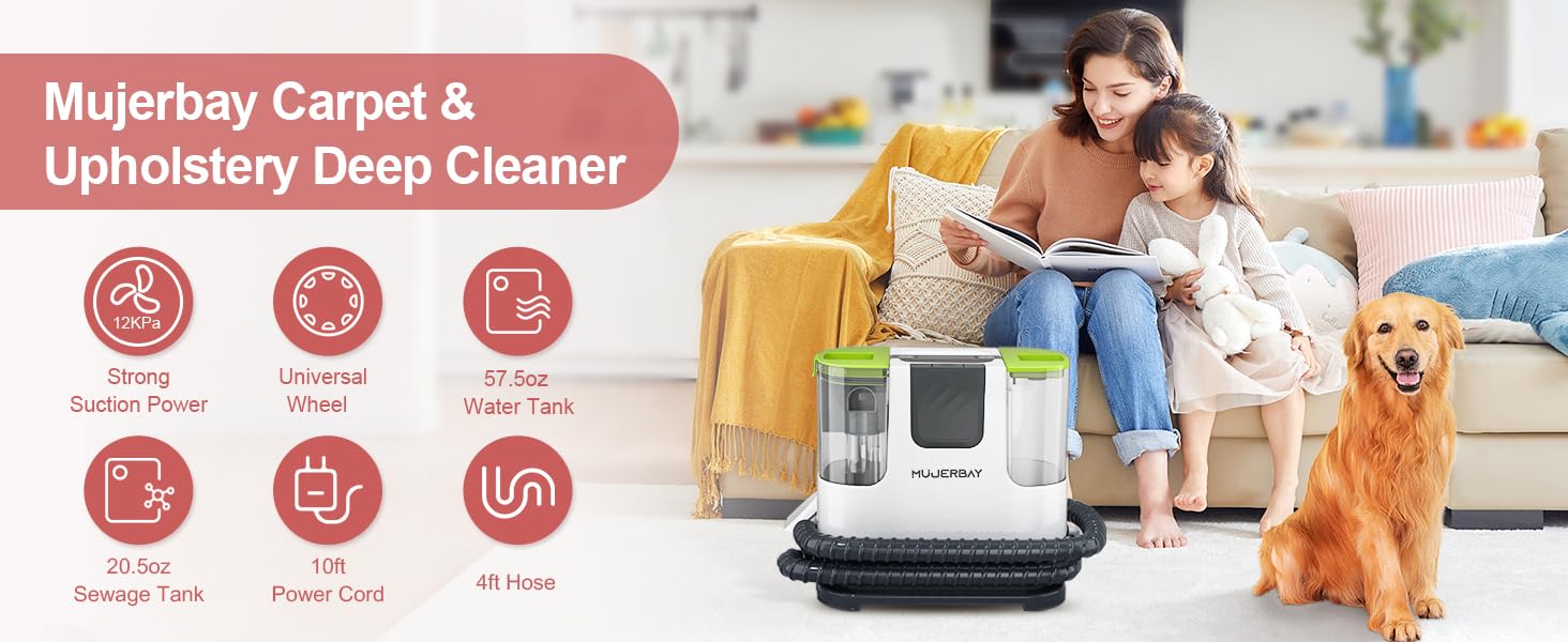 Photo 1 of Upholstery Carpet Cleaner, MUJERBAY 12Kpa Portable Spot & Stain Cleaner Shampooer, Move with Universal Wheels & Handle, 1.18-inch Deep Cleaning Machine for Couch, Stairs, Car & Messes.