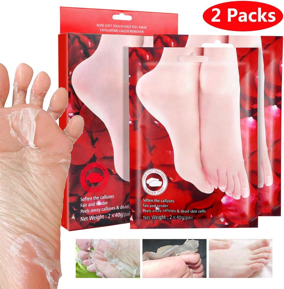 BOMPOW Exfoliating Foot Peeling Mask, Callus Peel Socks Booties for Smooth Feet in 3-7 Days, Rose Scented Foot Mask to Repair Rough Heels, 2 Pairs