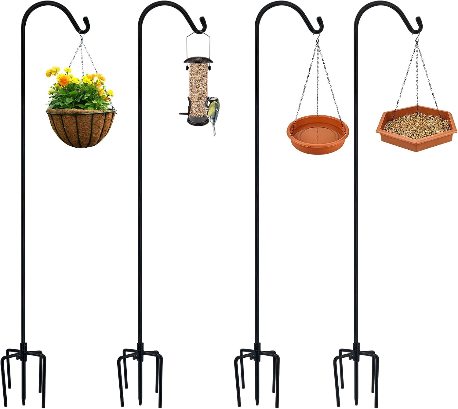 Outdoor Shepherd's Hooks - Urban Deco Shepherd Hook 65 Inch 1/2 Inch Thick, Adjustable Metal Garden Pole Heavy Duty Hanger for Bird Feeders, Hanging Plant Basket, Solar Lights Lantern, Weddings Outdoor (Black 4 Pack)