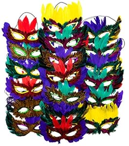4E's Novelty 1 Dozen Fantasy Feather Masks 12 Assorted Styles, Masquerade Masks for Mardi Gras Party Favors