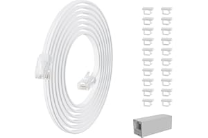 HiFind Telephone Extension Cord 50 Ft, Anti-UV Weatherproof Phone Cable Line Wire with Standard RJ11 Plug for Landline Modem Fax Machine Outdoor with 1 in-Line Coupler&Clip Holders -Flat-White