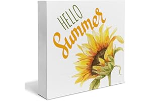 HEIJIE Farmhouse Sunflower Wood Box Sign Desk Decor Hello Summer Wood Block Sign Decor for Home Kitchen Shelf Wall