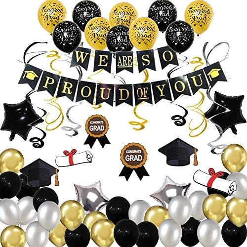 Graduation Party Supplies 2019,Graduation Decorations 2019,include 74Pcs Banners Hanging Swirls Pentagram Balloons Gold Silver Black Balloons Color Ribbon Balloon Straw for Girls Boys Photo Props