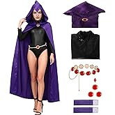 ILLOMEEGOOS Raven Costume Women Purple Hooded Cloak Jumpsuit with Jeweled Belt Halloween Costume Cosplay Anime Outfit Props
