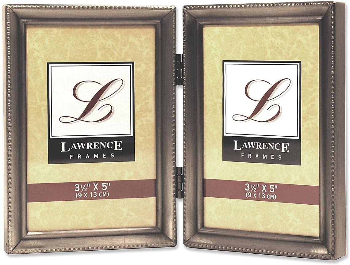 Lawrence Frames 11535D Antique Pewter Hinged Double 3x5 Picture Frame - Beaded Edge Design — image 1
