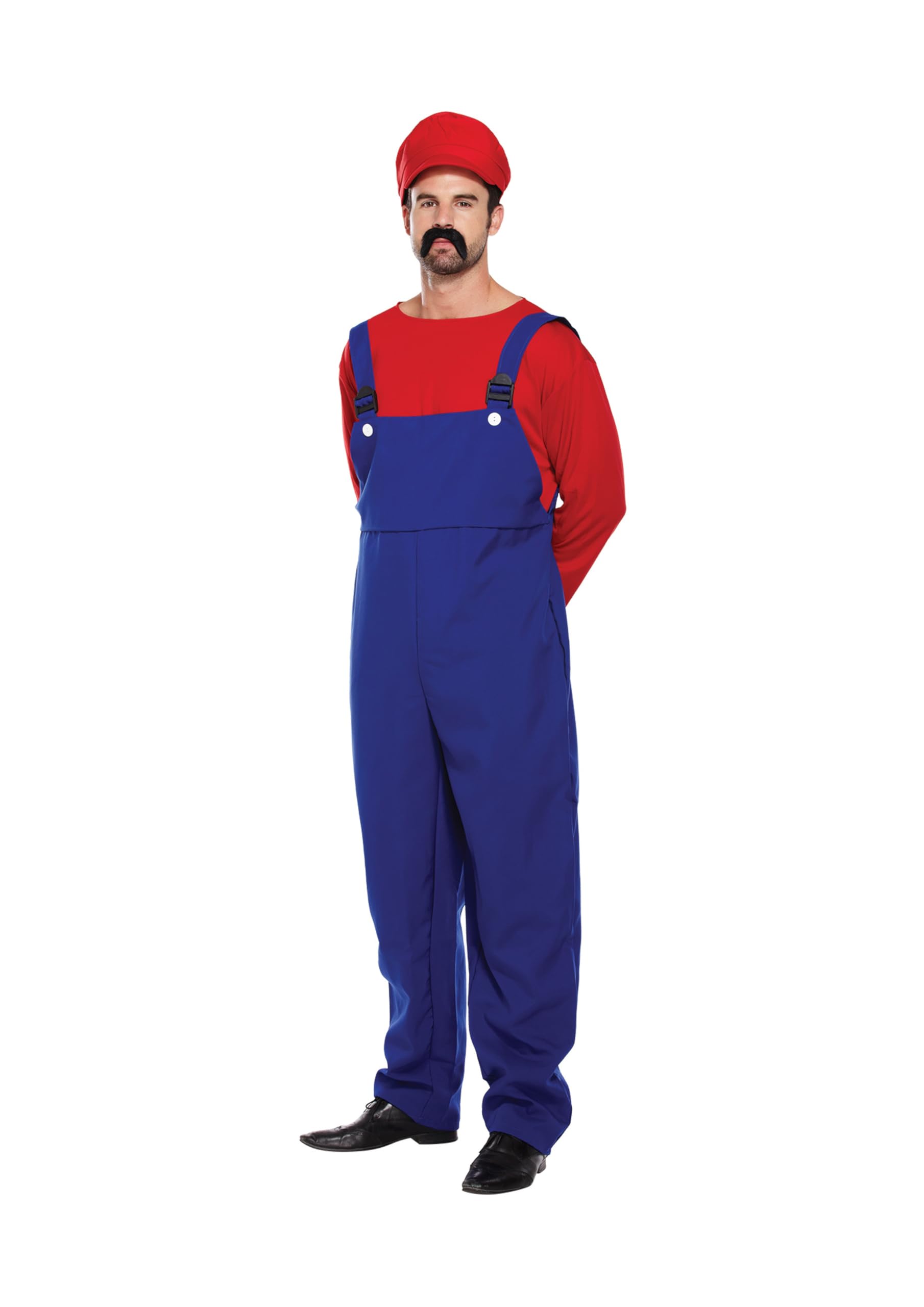 HENBRANDT Adult Men’s Red Super Plumber Fancy Dress Costume Retro 1980s Videogame Red and Blue Overalls Moustache Brothers Workman Dress Up Outfit One Size Mens Fancy Dress Costume 
