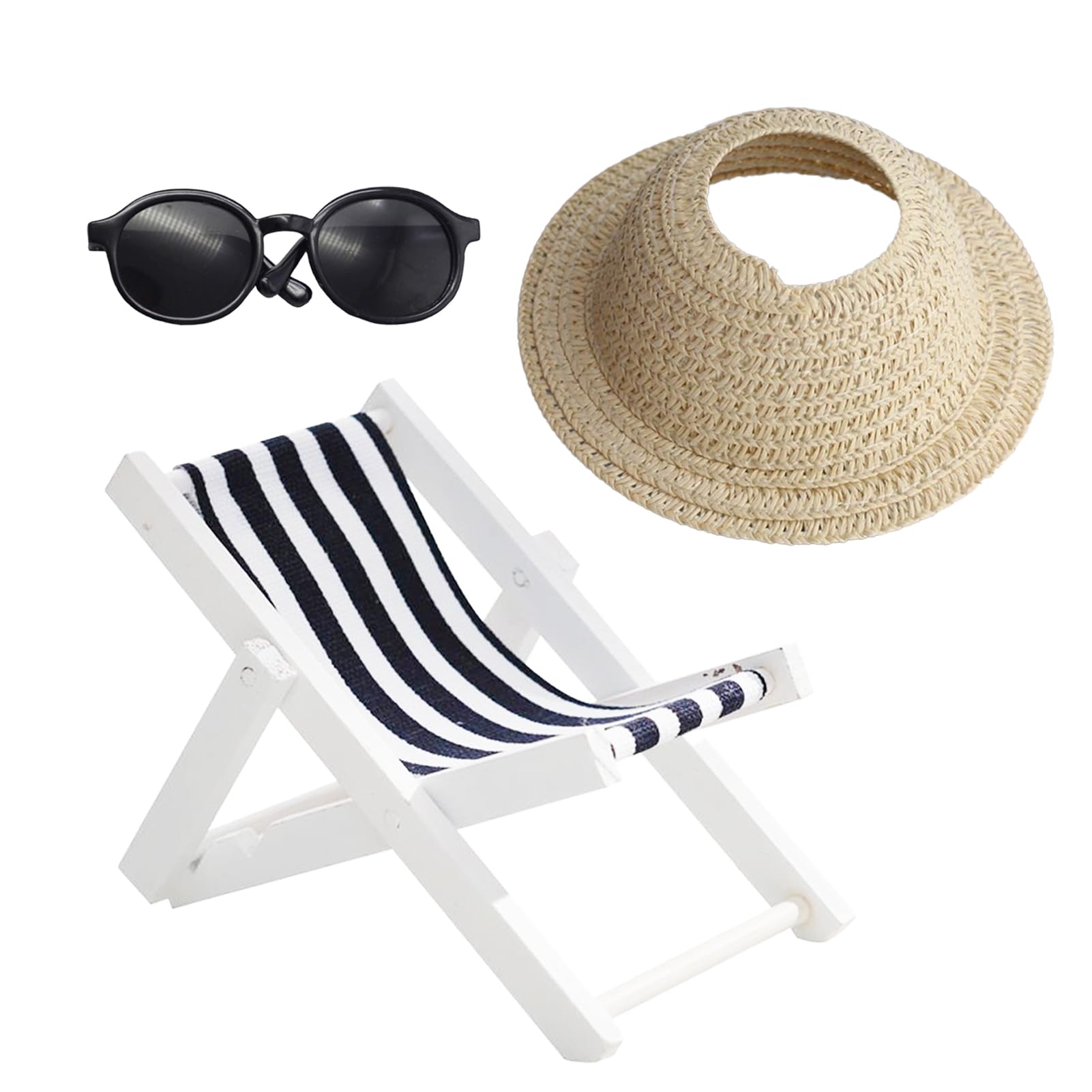 Photo 1 of Accessories Set for 17cm Doll,Miniature Beach Sun Hat/Sunglasses/Wooden Folding Beach Chairs for Dolls Accessories,No Doll Included