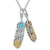 BETHZA Feather Necklace for Women Sterling Silver Genuine Turquoise Moonstone Larimar Western Pendant Navajo Jewelry Gift for Christmas Valentine (18+2")