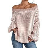 Women's Oversized Striped Sweater Casual Off The Shoulder Sweater Fall Long Sleeve Loose Knit Pullover Jumper Tops