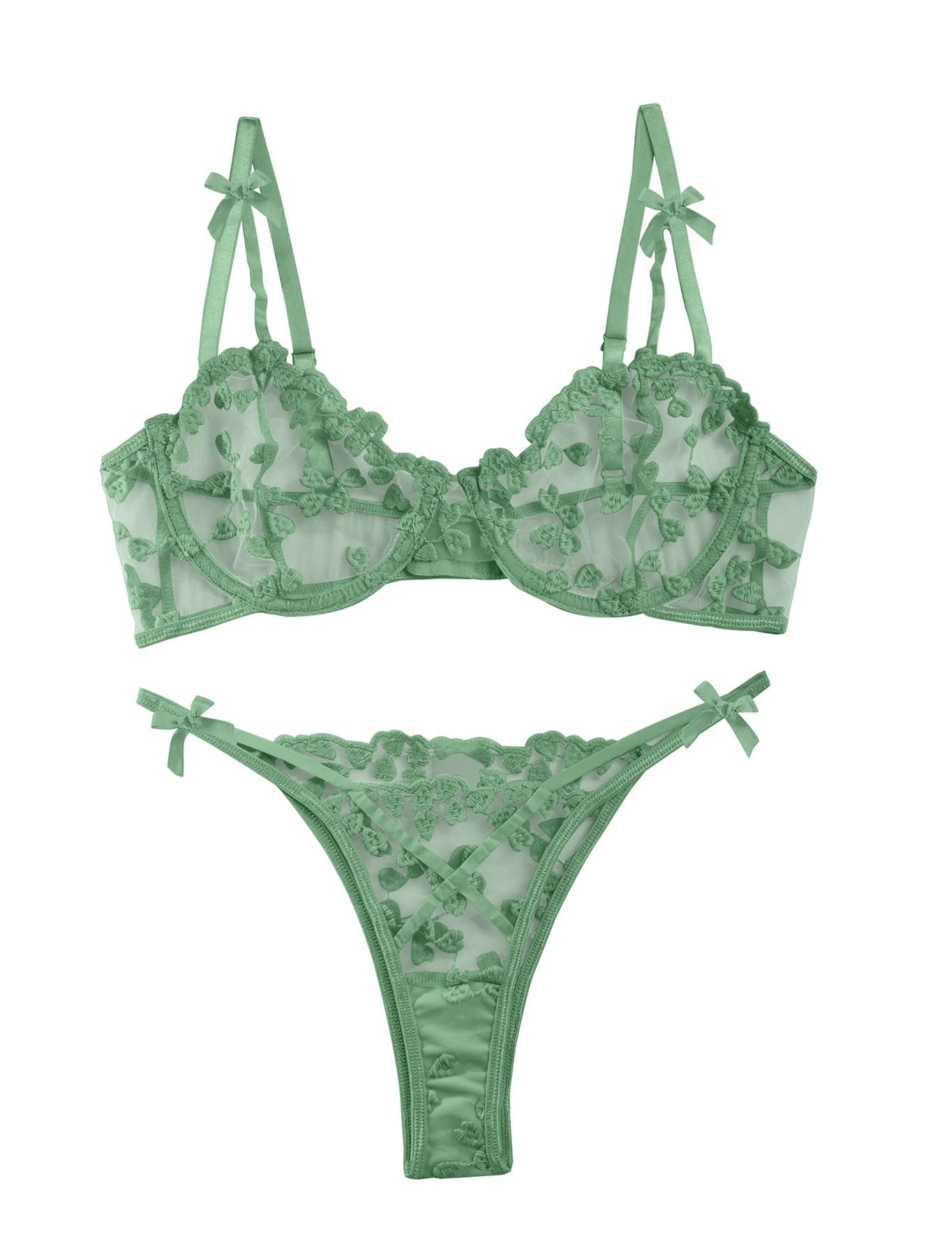 Photo 1 of ***Only Bra***
Lilosy Sexy Cute Underwire Push Up Strappy Heart Embroidered Mesh Sheer Lingerie Set for Women Bachelorette See Through Bra and Panty 2 Piece Bow Light Green Small