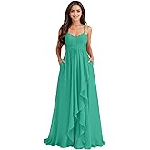 Blawhee Women's Chiffon Bridesmaid Dresses with Pockets Spaghetti Straps Ruffle A Line Formal Dress Evening Gown with Slit