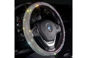 Carwales Car Bling Steering Wheel Cover for Women Girls 15 Inch Universal Colorful Crystal Rhinestone Diamond Rainbow Bling Accessories Anti Slip Wheel Protector Sparkling, Black