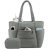 LOVEVOOK Puffer Tote Bag for Women, Lightweight Work Tote with Cup Holder for 15.6In Laptop Large Teacher Nurse Bag with Zip