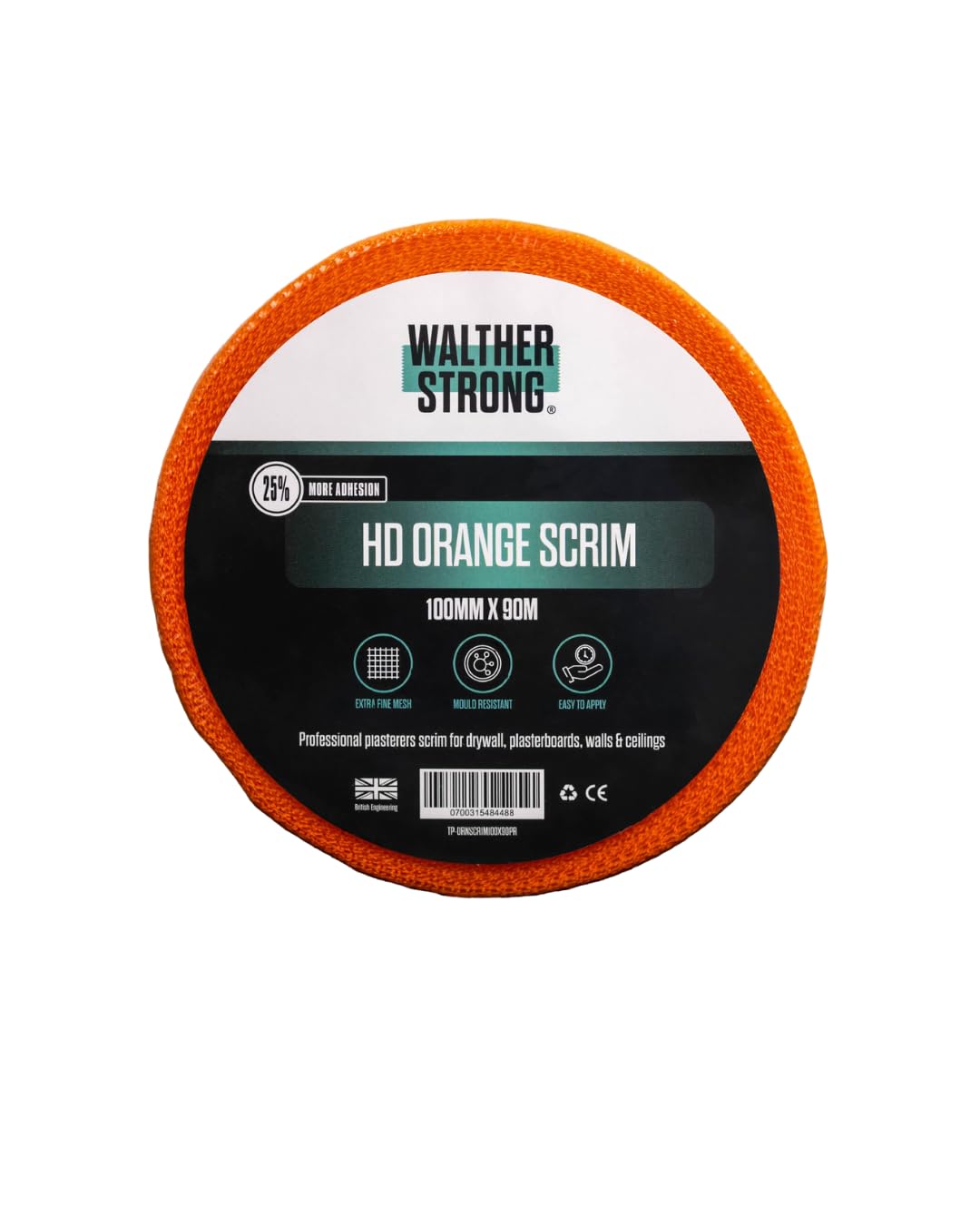Walther Strong 100mm x 90m Scrim Tape. High Strength Mesh Tape. Self-Adhesive Plasterboard Tape for Filling Cracks, Patching Holes and Reinforcing Joint Repair. HD Orange Plaster Tape