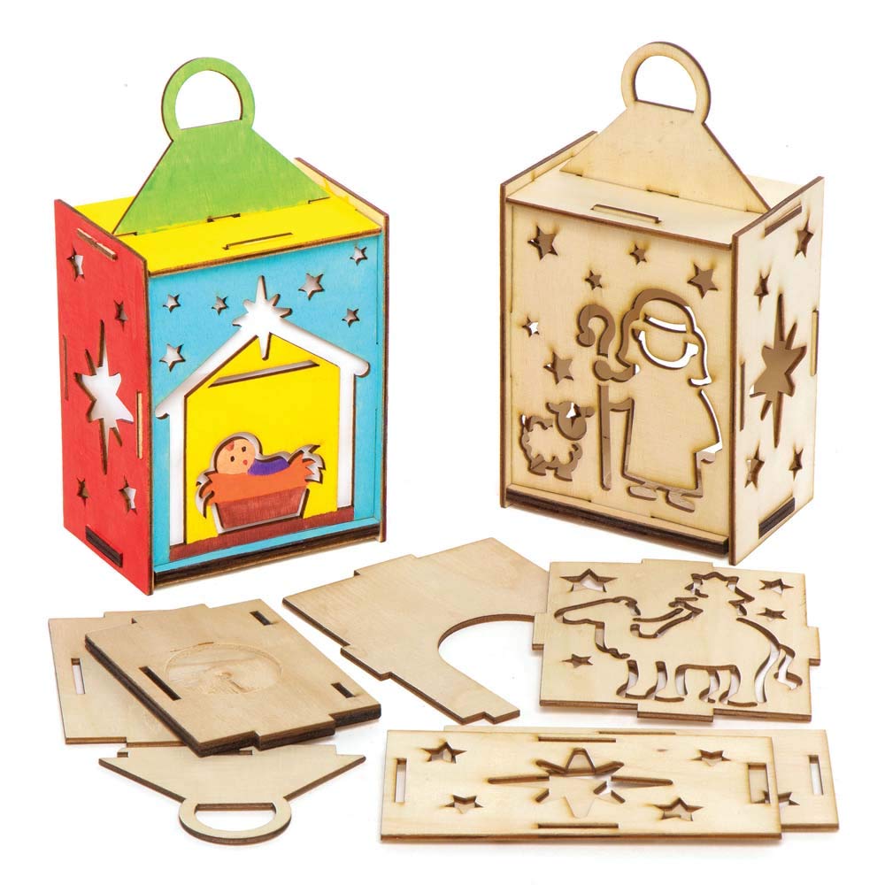 Baker Ross AX558 Christmas Nativity Wooden Lantern Kits - Pack of 3, Woodcraft Colour in Painting for Kids Art Activities This Festive Season