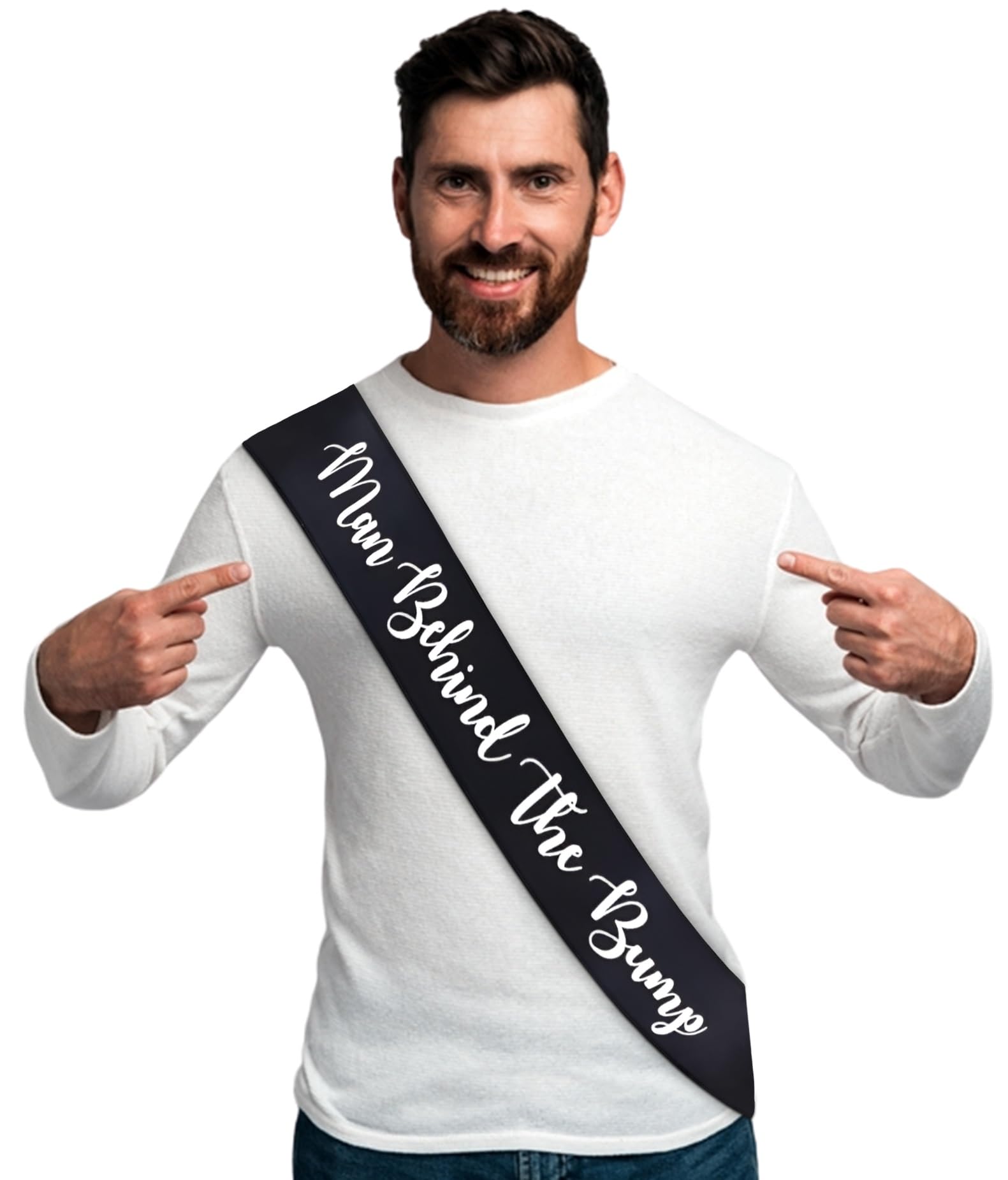 Photo 1 of "Man Behind The Bump" Funny Baby Shower Sash for Daddy to Be, Baby Shower Party Decorations Gifts Supplies Dad to Be Baby Gender Reveal Ideas New Father Favors (Black and White)