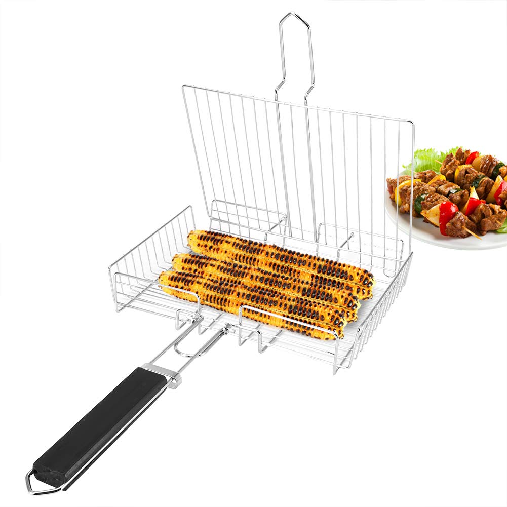 Taidda Square Barbecue Grill Mesh, Barbecue Grilling Basket Portable Folding BBQ Grill Basket Grill Mesh Wire Clamp with Detachable Wooden Handle and Storage Bag for Roast Fish Vegetable Shrimp