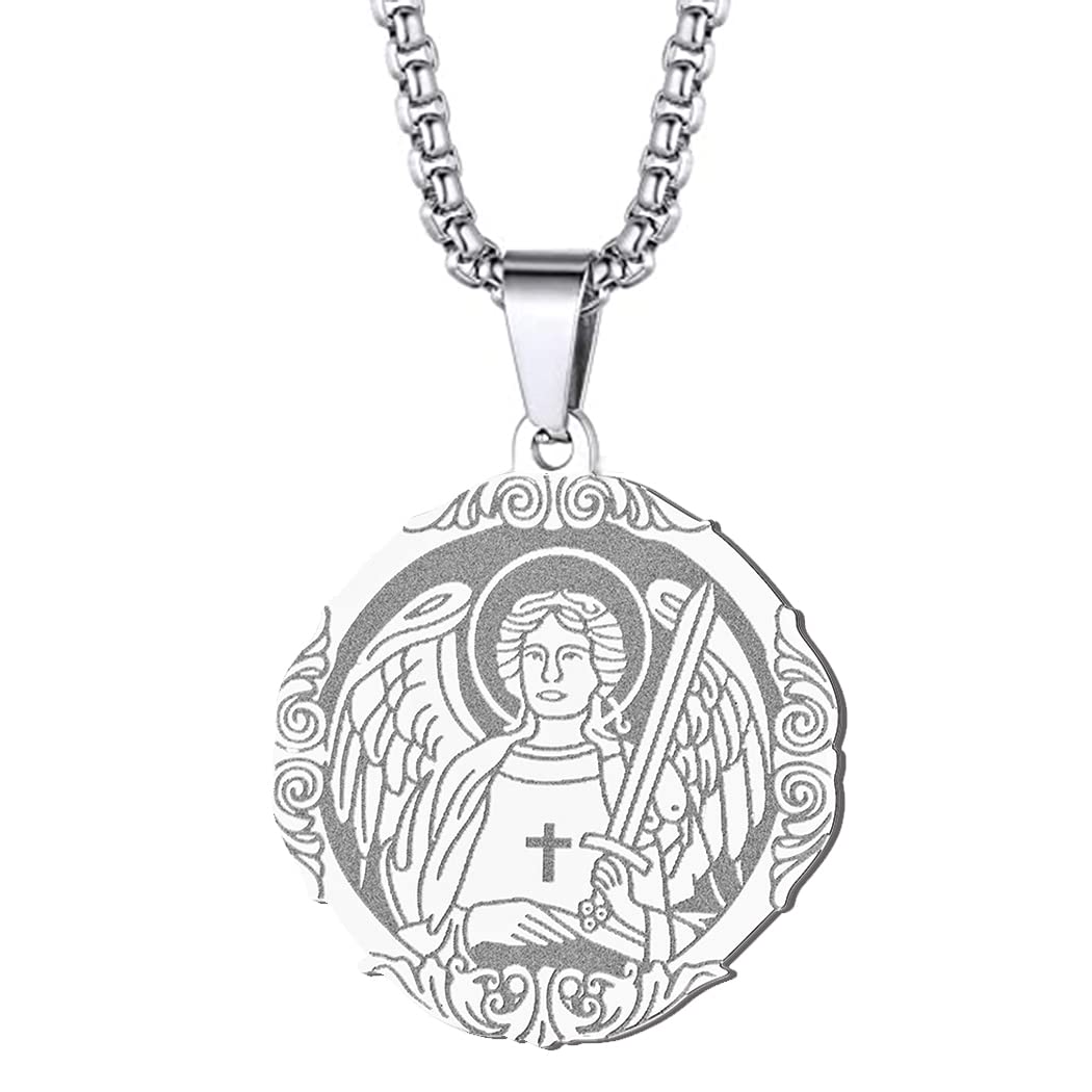 St Christopher Necklace Saint Michael George Barbara Pendant Women Men The Seal of The Seven Archangels Charm Chain Religious Medal Medallion Disc Jewelry Christian Gift (St Michael-214S)
