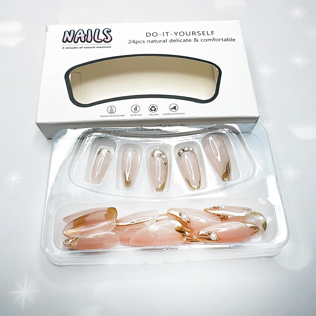 24pcs French Tip Press on Nails Medium Almond Fake Nails with Pearls Rhinestones Design Gold French Line False Nails Full Cover Glue on Nails Glossy Artificial Nails for Women Girl Nail Decoration - Image 5