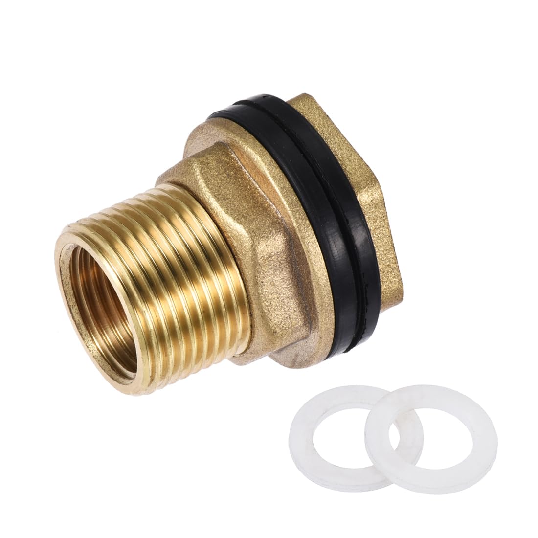 sourcing map Bulkhead Fitting, G1/2 Female G3/4 Male, Tube Adaptor Pipe Fitting with Silicone Gaskets, for Water Tanks, Brass