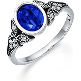 AOBOCO 925 Sterling Silver Retro Vintage Oxidized Band Ring with 8 * 6 mm Oval Created Birthstone Crystal, Jewelry Gifts for Women