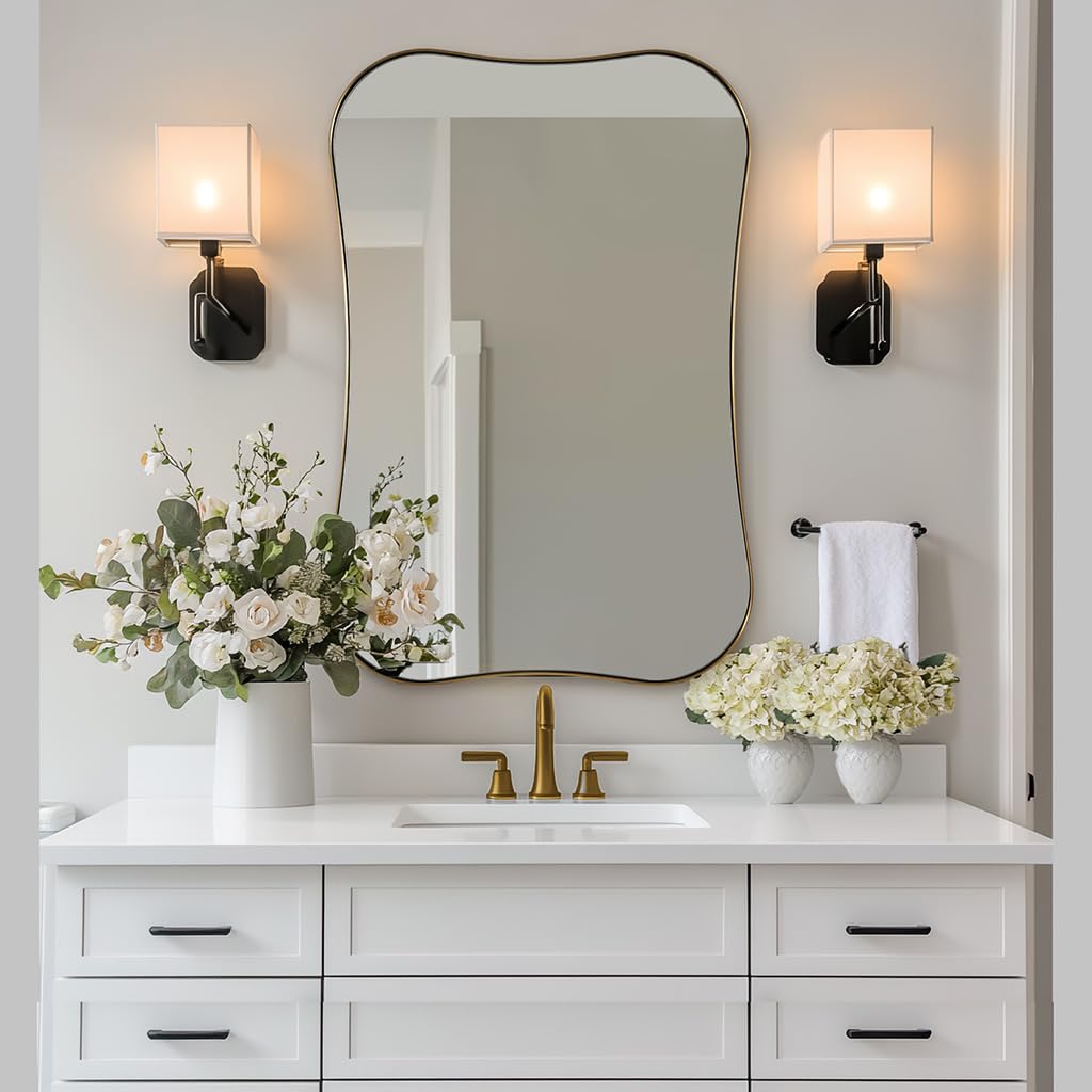 Photo 1 of ANDY STAR Brushed Gold Bathroom Mirror, Modern 24x36'' Rounded Scalloped Brass Mirrors with Notched Edges in 1 Inch Stainless Steel Frame Wall Mounted for Bathroom Vanity, Powder Room