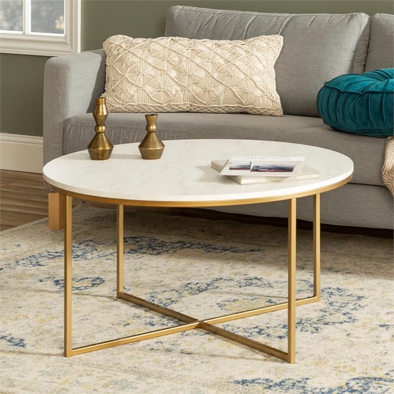 Walker Edison Modern Glam Round Accent Faux White Marble Coffee Table ...