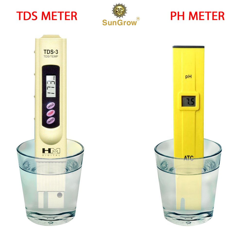 Digital PH and TDS Meter Set by SunGrow - Highly accurate readings - Lightweight, portable & Easy to read LCD screen: Monitor hydroponics, aquarium, fruit, tap water, pool water - Batteries included