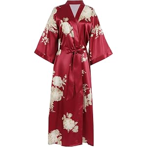 Moreone Womens Long Silk Kimono Robes Floral Silky Bathrobe Bride Sleepwear | with Practical Pockets, Breathable and Not Stuf