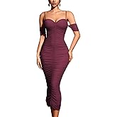 CurvySweet Women's Off The Shoulder Spaghetti Straps Ruched Mesh Elegant Formal Evening Midi Dress with Built-in Bra and Slit