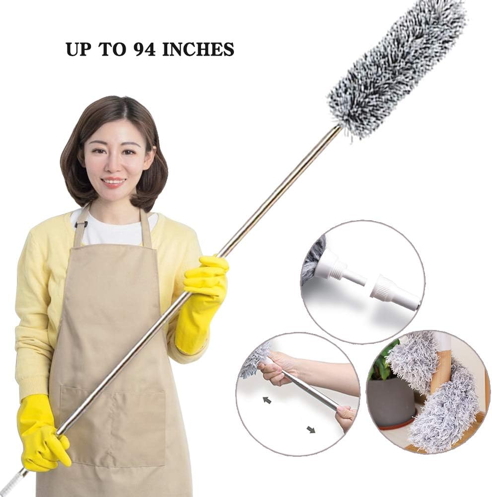 Retractable Feather Duster with Stainless Steel Extension Pole, 100 Inch Extra Long , Washable and Bendable, Perfect for Cleaning Ceilings, Blinds, Cobweb, Cars etc (Gray)
