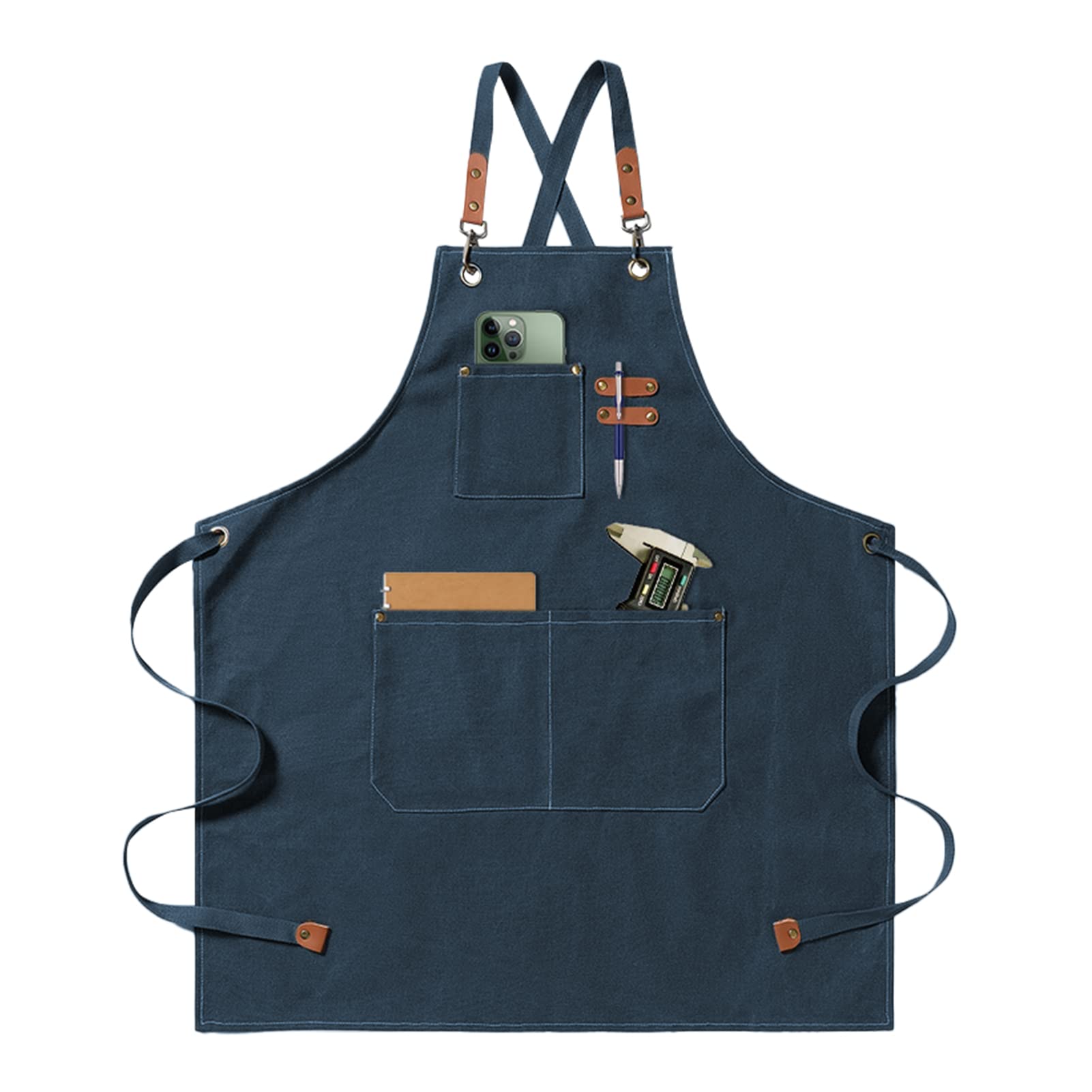 jiuzcare Mens Apron Cross Back Work Apron with Pockets BBQ Apron for Men Heavy Duty Chef Cooking Apron (Adjustable Comfortable Barista Barber) Blue