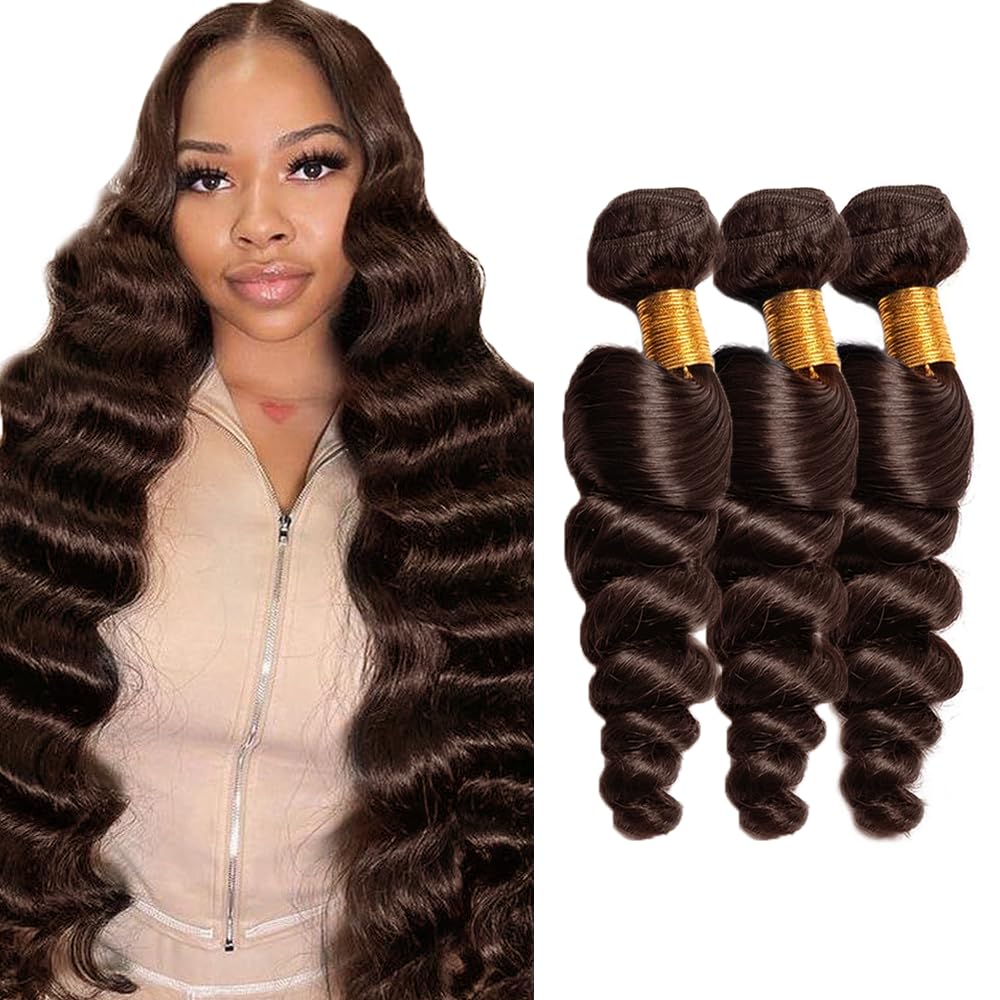 Photo 1 of #4 Human Hair Bundles Brown Loose Wave Bundles Human Hair 22 24 26 inch Dark Brown Loose Deep Wave Bundle 300g