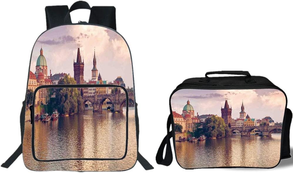 iPrint 19" School Backpack & Lunch Bag Bundle,Landscape,Pastoral View at Charles Bridge Spires of Prague Central Europe Gothic Buildings Image,Multi,for Boys Girls