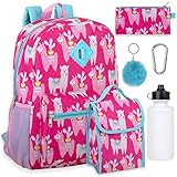 Girl's 6 in 1 Backpack Set With Lunch Bag, Pencil Case, Bottle, Keychain, Clip (Llamas)