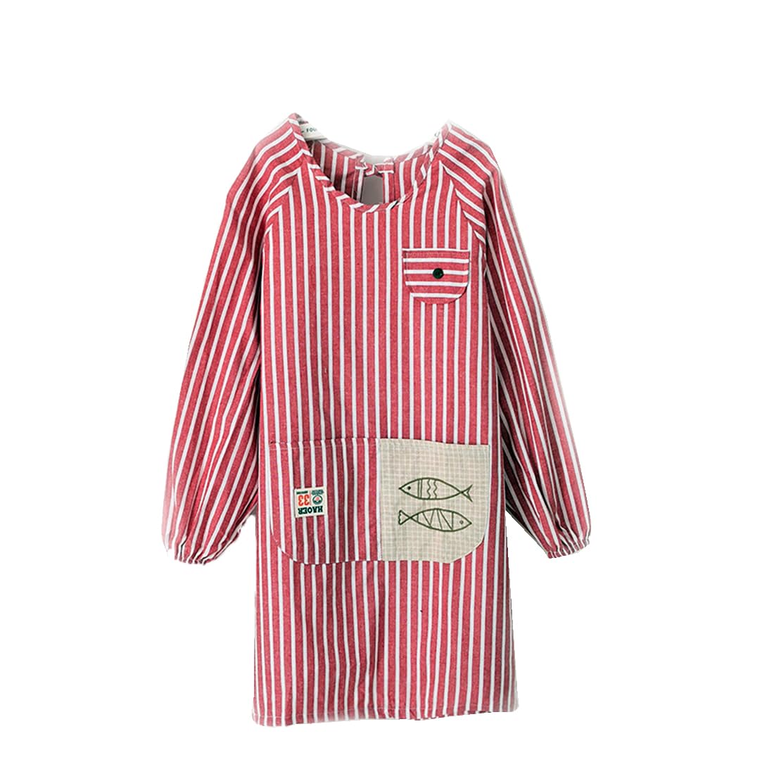 RIOAK Apron with Sleeves Fish Motif Striped Fabric Kitchen Also for Art Painting Gardening BBQ Apron with Pocket Water Resistant, red, Breit
