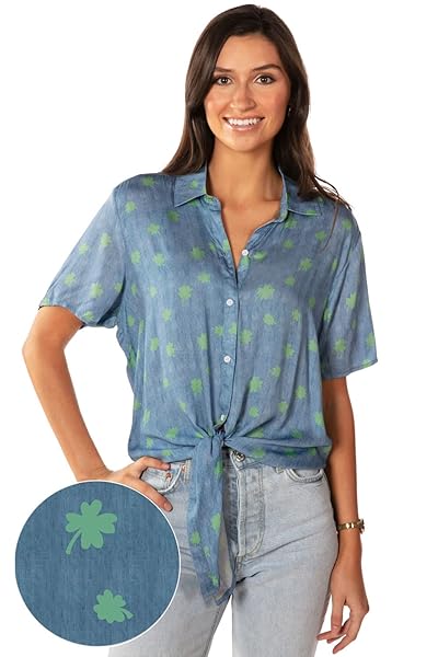 TIPSY ELVES CHAMBRAY CLOVER TIE-FRONT WOMEN’S SHORT SLEEVE BUTTON-DOWN HAWAIIAN SHIRT WITH GREEN CLOVER DESIGN SIZE S