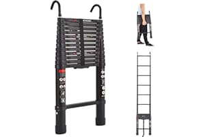 BOWOSHEN 20.3ft Step Ladder Aluminum Telescoping Ladder with Detachable Roof Hooks, Black, 330lbs Load Capacity, Heavy Duty Portable Collapsible Folding Ladder 15 Steps Adjustable Height, Space Saving