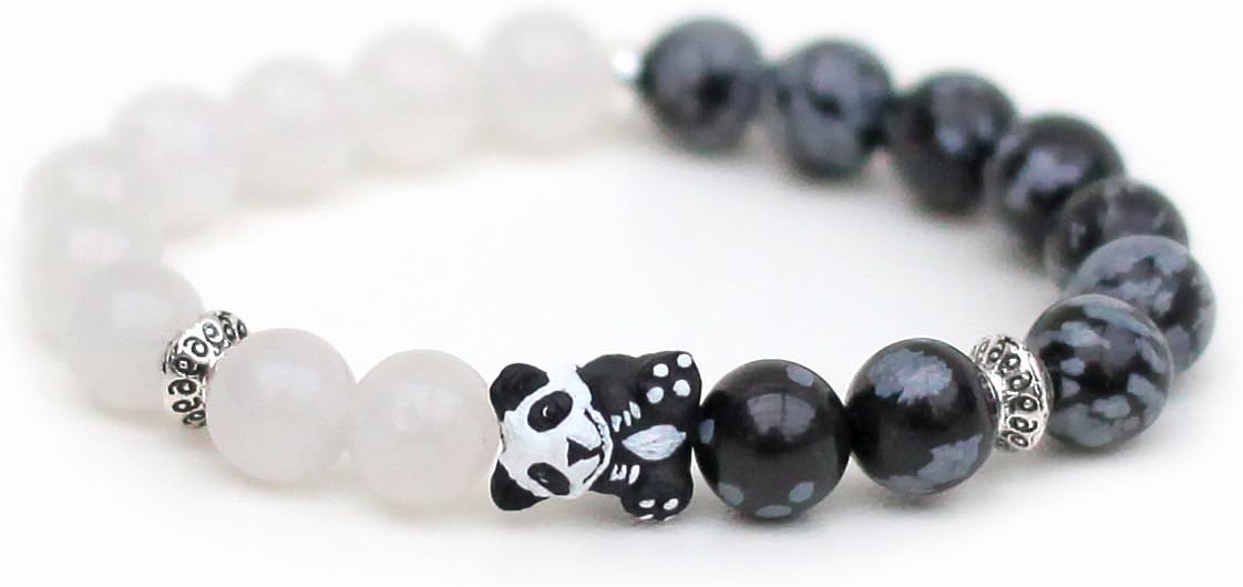 Panda Bracelet Made With Natural Semi-Precious Gemstone Snowflake Obsidian & White Snow Jade UK Made
